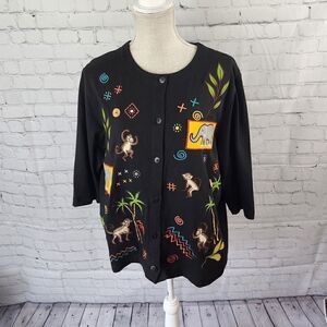 ONQUE CASUALS WOMEN'S BUTTON UP TOP ELEPHANTS AND MONKEYS SIZE LARGE